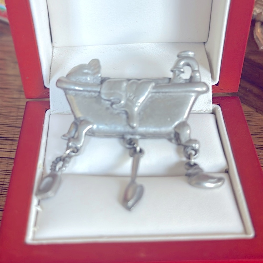 Vintage Pewter Bathtub Pin Brooch Dangle Charms Signed LCD Soap Rubber Ducky